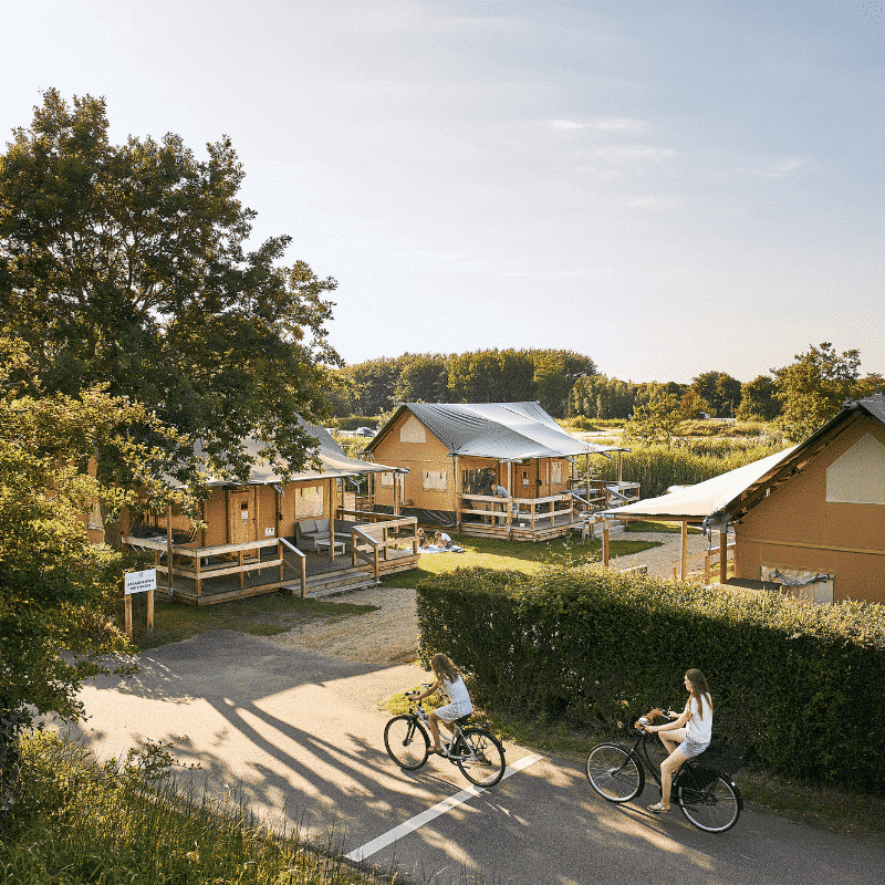 Bovenaanzicht camping op tenten en fietsende kinderen
